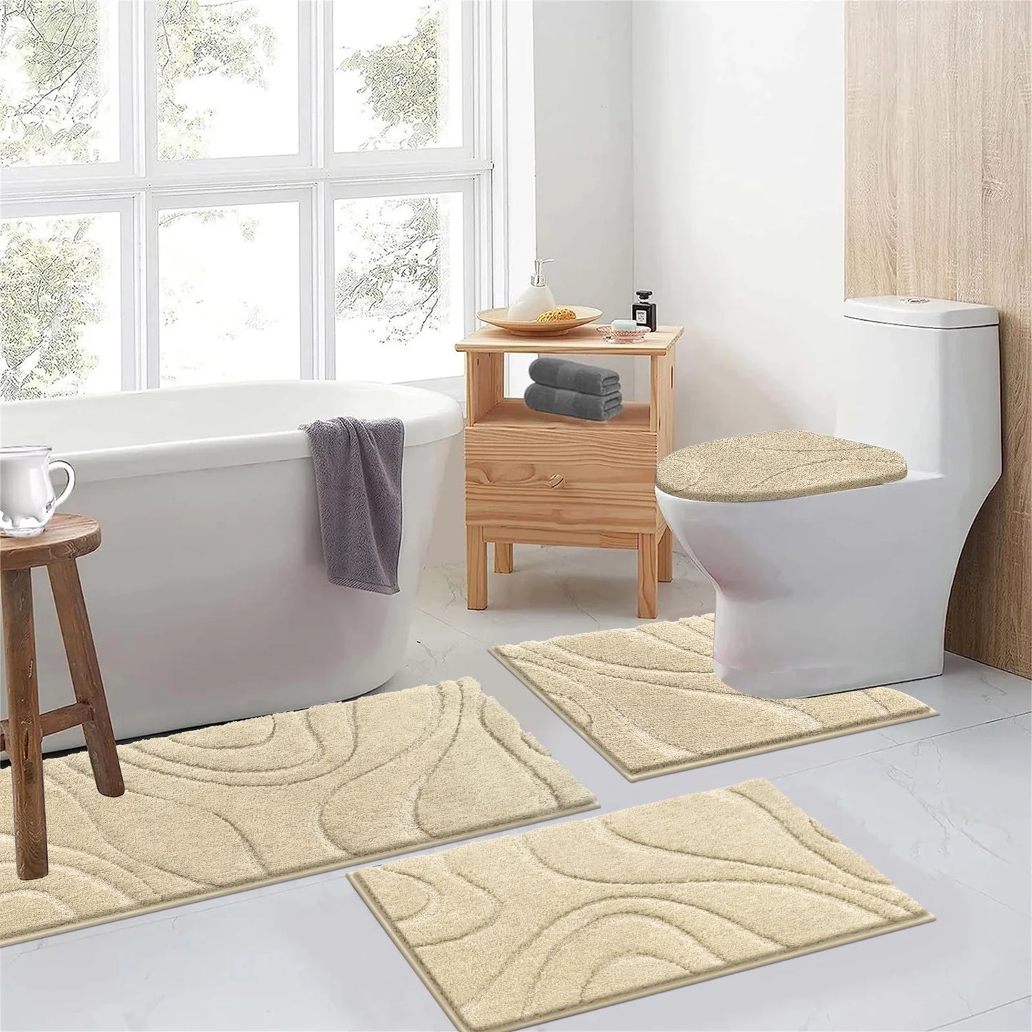 HEBE Bathroom Rugs Sets 4 Piece, Super Soft and Absorbent Non Slip Microfiber Toilet Bathroom Mats