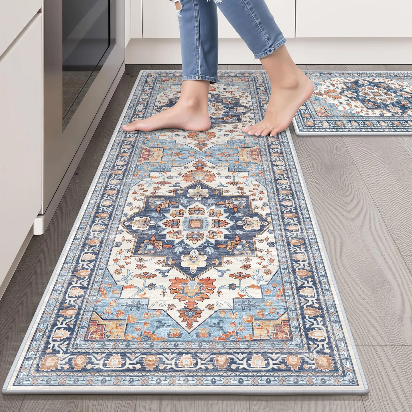 HEBE 3pcs Kitchen Rugs Set,Washable Boho Farmhouse Kitchen Mats