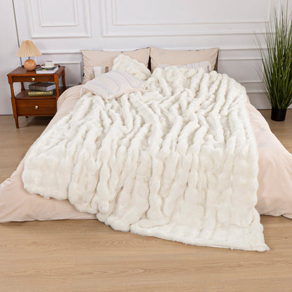 Fleece Throw Blanket for Couch - 550GSM Soft & Warm Fluffy Bubble Faux Rabbit Blanket, Decorative and Giftable Striped Blankets for Couch, Sofa, Bed