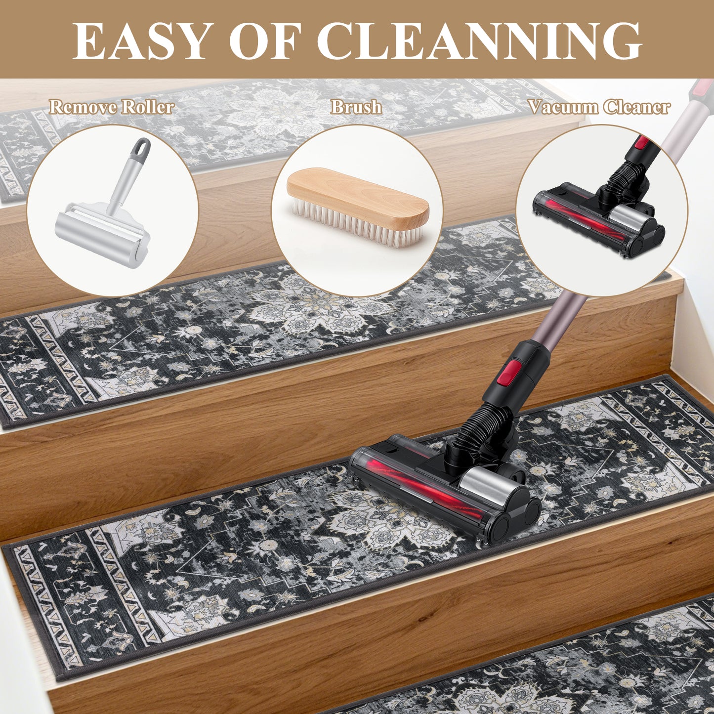 HEBE Carpet Stair Treads for Wooden Steps Indoor 15 Pack 8" X 30" Non Slip Self Adhesive Stairway Carpet Reusable Staircase Step Treads Edging Stair Rugs Runner for Kids and Pets