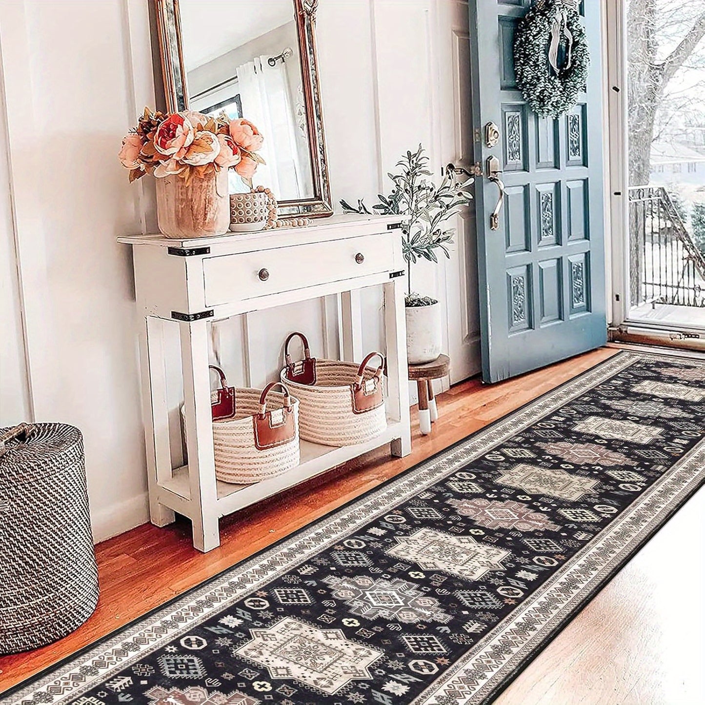 Runner Rug Non-Slip Washable Low-Pile Accent Rug, Vintage Distressed Throw Carpet,   Hallway Kitchen Mat Non-Shedding, Living Room Entryway Foyer Bedroom Area Rug