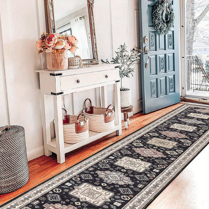 Runner Rug Non-Slip Washable Low-Pile Accent Rug, Vintage Distressed Throw Carpet,   Hallway Kitchen Mat Non-Shedding, Living Room Entryway Foyer Bedroom Area Rug