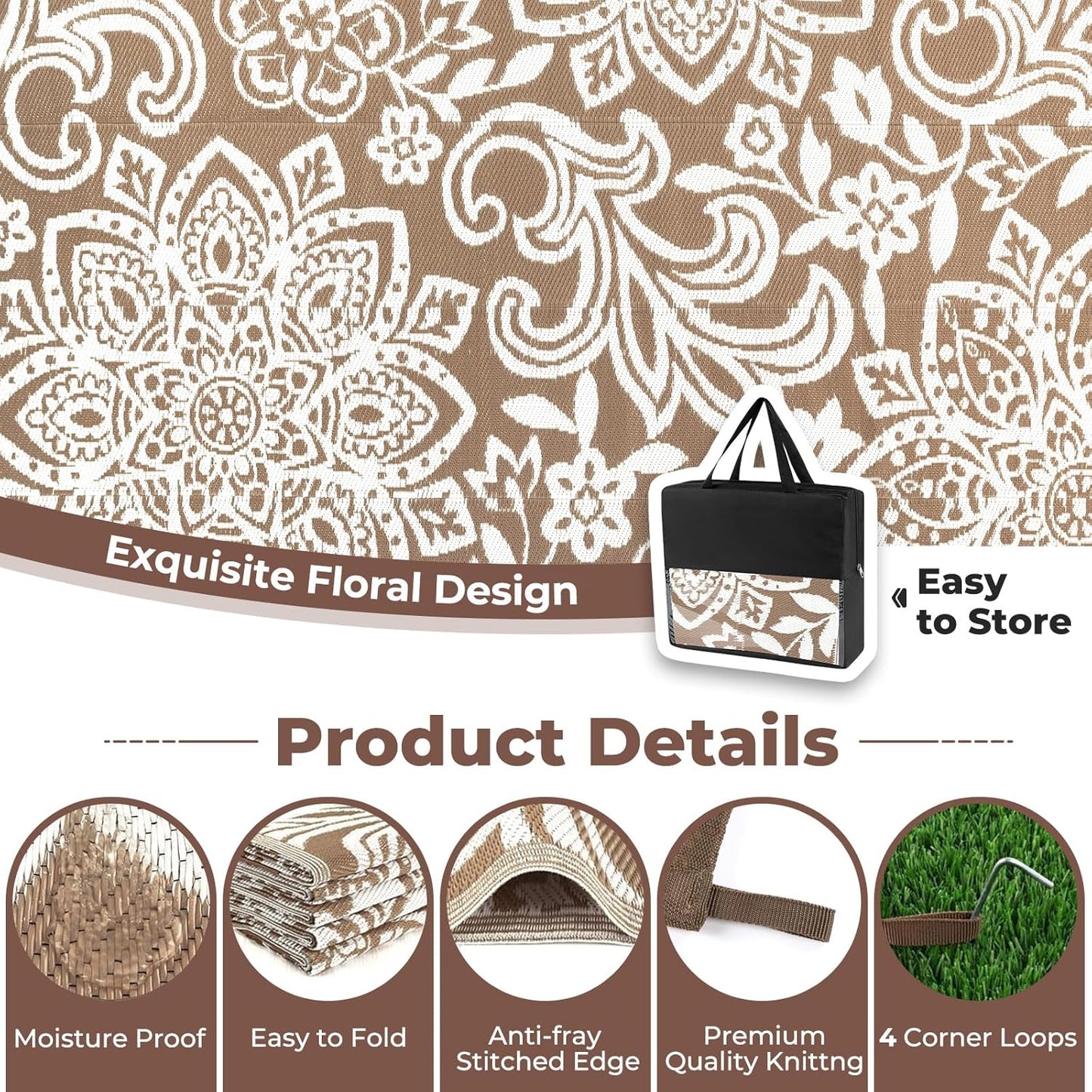 Waterproof Outdoor Rug, Reversible Mandala Outdoor Plastic Straw Rug, Durable Foldable Patio Rug for RV, Deck, Balcony, Backyard, Picnic, Porch, Camping, Beach