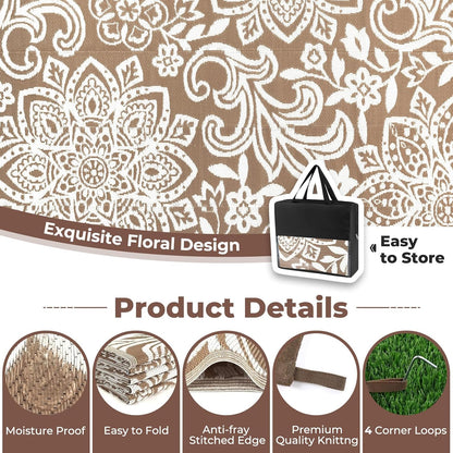 Waterproof Outdoor Rug, Reversible Mandala Outdoor Plastic Straw Rug, Durable Foldable Patio Rug for RV, Deck, Balcony, Backyard, Picnic, Porch, Camping, Beach