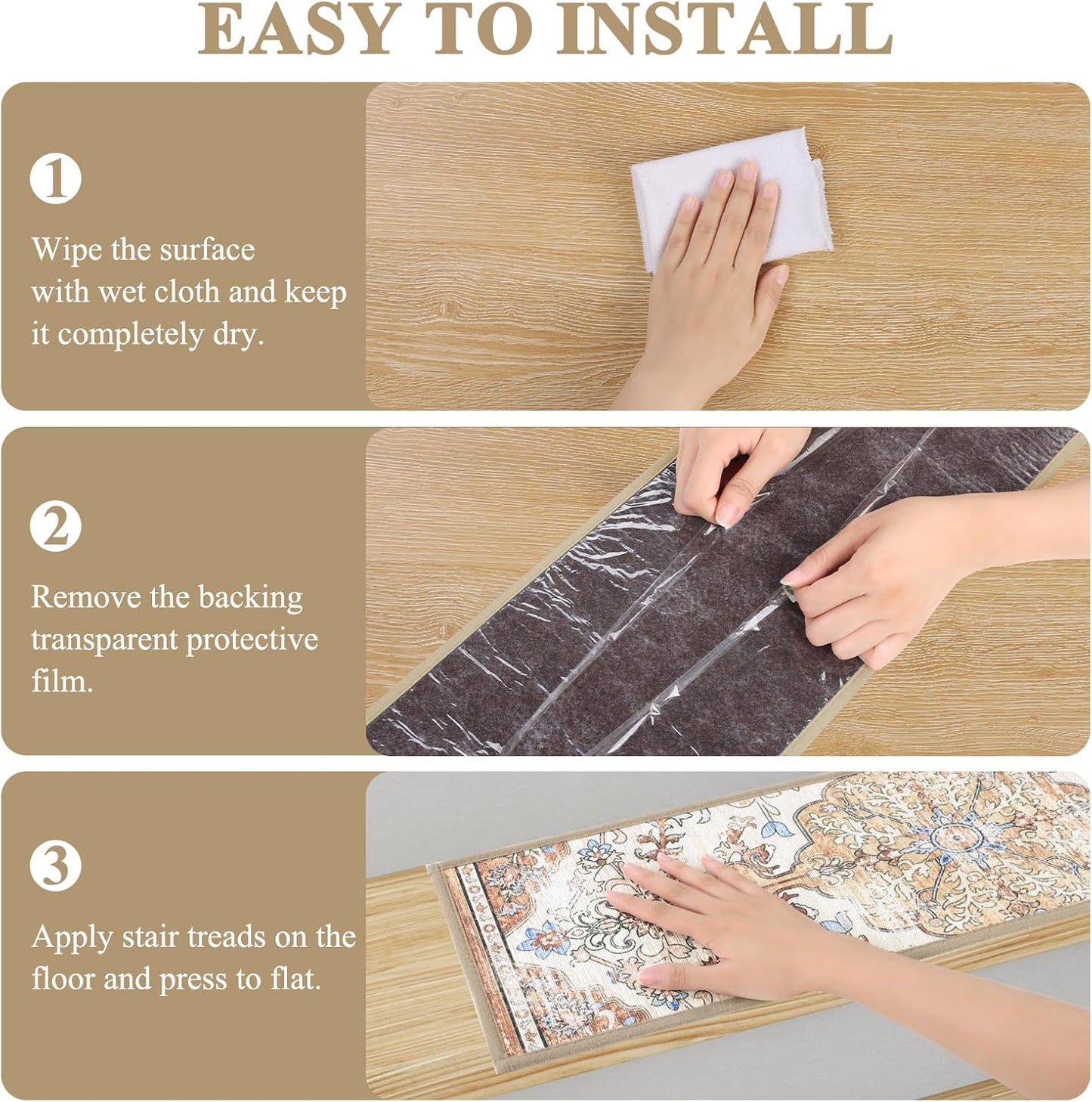 Carpet Stair Treads for Wooden Steps Indoor 8" X 30" Peel and Stick Stair Treads Non Slip Staircase Step Treads Reusable Stair Runner Rugs for Dogs, Kids and Elders