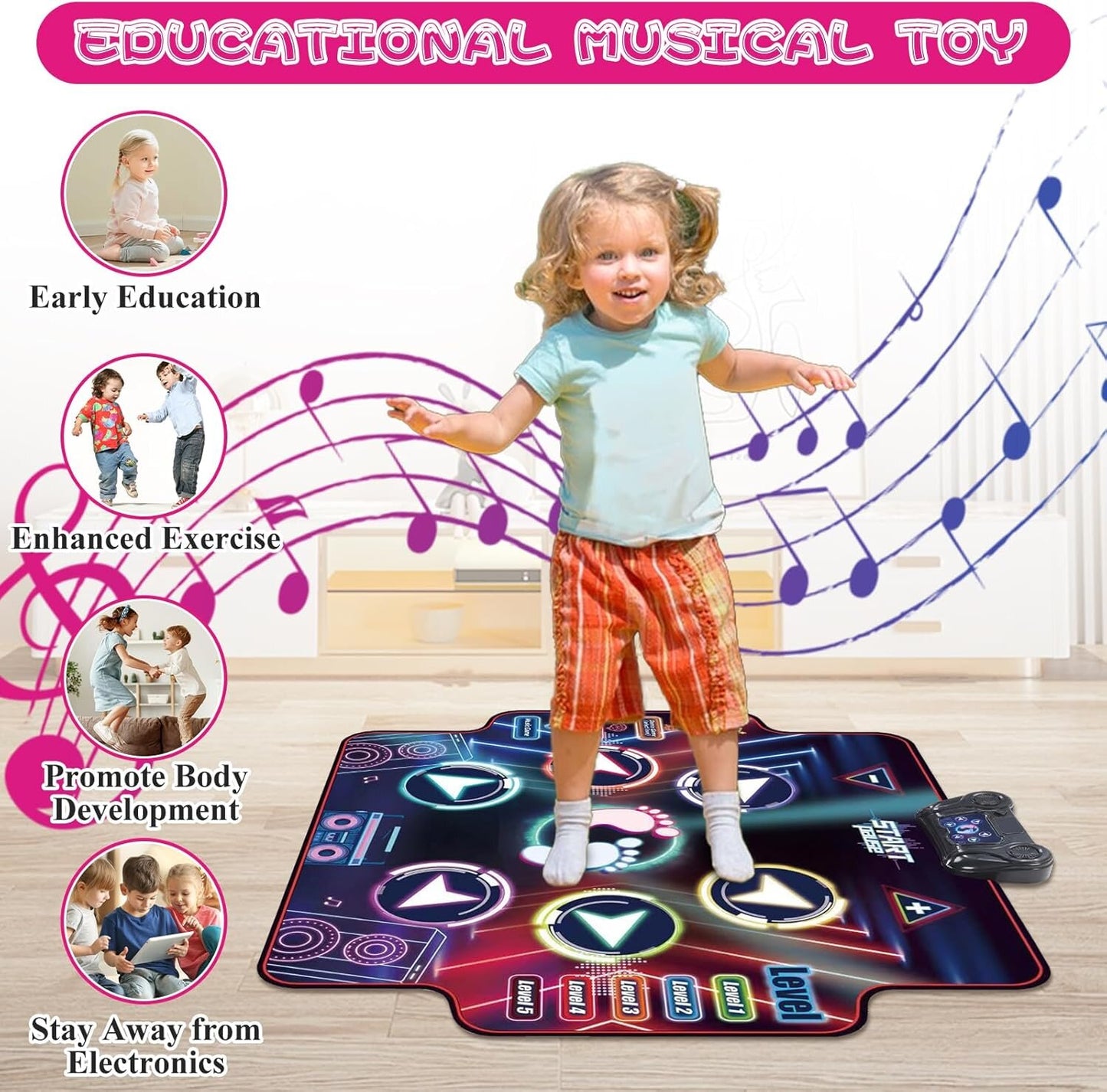 Dance Mat for Kids 1 Player,2 Player, Musical Dance Game Pad with LED Lights, Educational Dancing Playmat Toys for Girls Boys Ages 3-12, Portable Non-Slip Dance Floor Mat, Birthday, Blue Pink