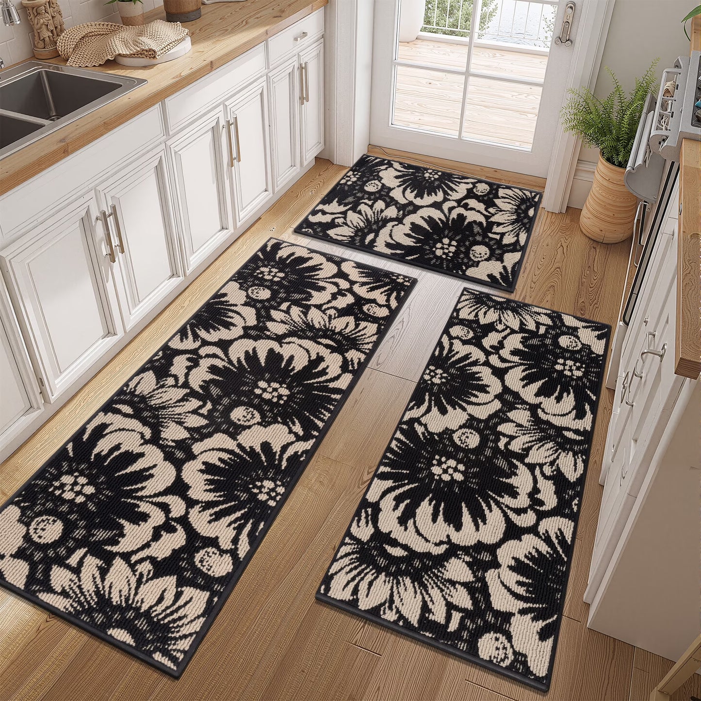 HEBE Kitchen Rug Set 3 Piece, Non Slip Machine Washable Mats for Home Floor and Living Room