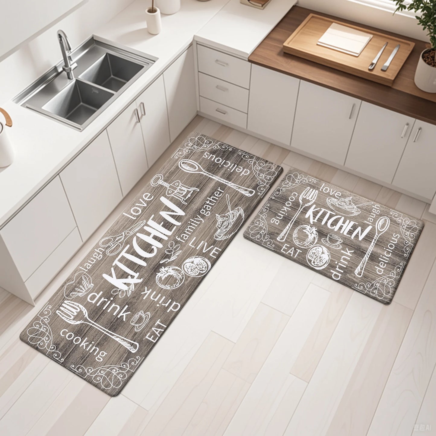 HEBE Farmhouse Kitchen Rug Set of 2, Non-Slip Anti-Fatigue Waterproof Cushioned Mat for Kitchen, Dining & Laundry Room, 18"x30"+18"x48"