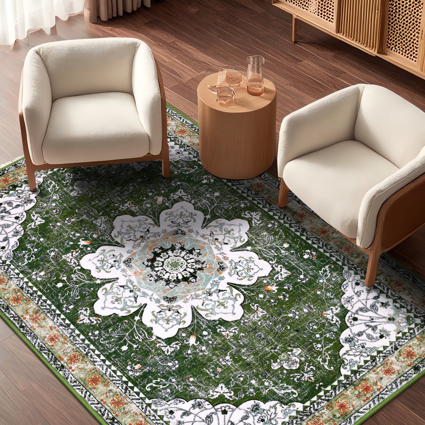 HEBE Bohemian Vintage Area Rug Machine Washable Low-Pile Accent Carpet, Non-Shedding Non-Slip Living Room Floor Throw Rugs for Bedroom,Dining Room,Kids Playroom,Rv,Office(Green)