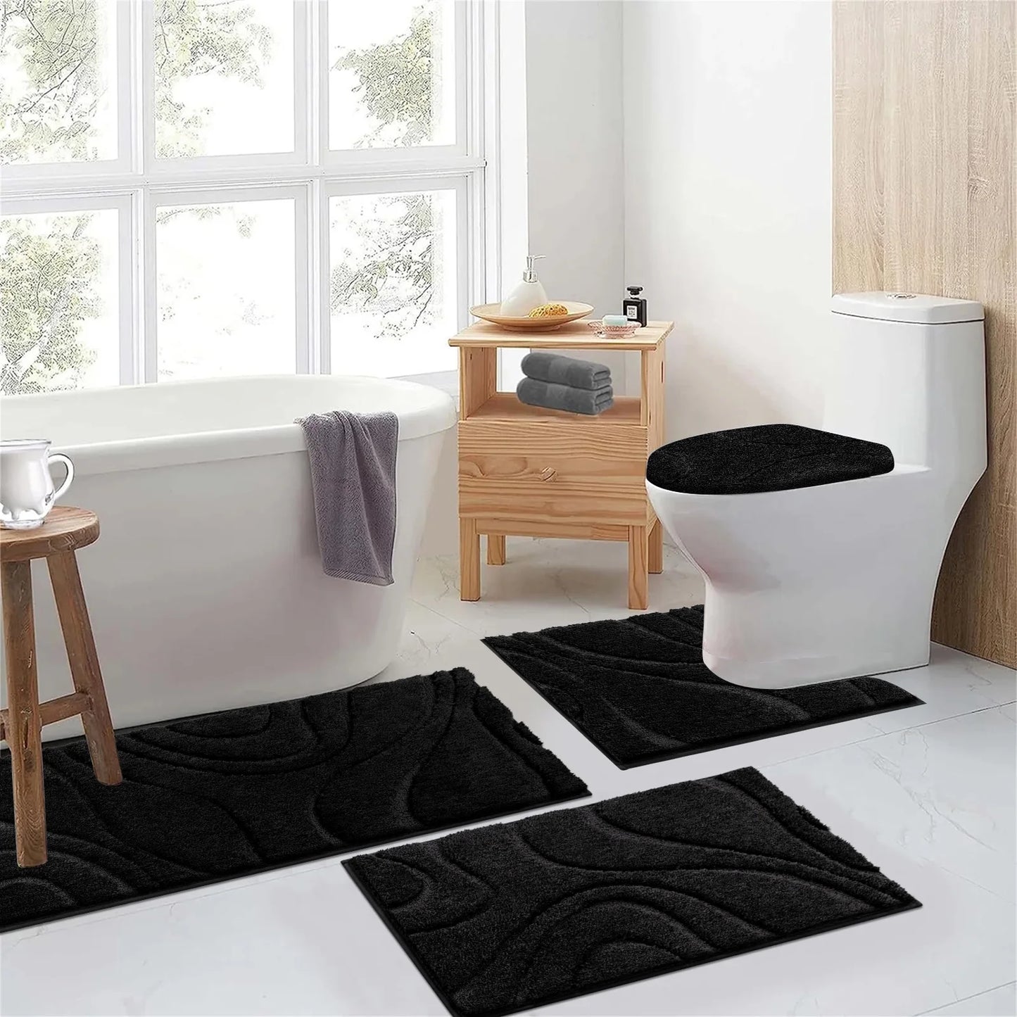HEBE Bathroom Rugs Sets 4 Piece, Super Soft and Absorbent Non Slip Microfiber Toilet Bathroom Mats