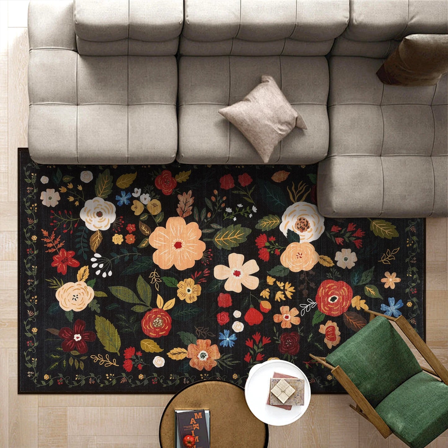 HEBE 5x7 ft Living Room Area Rug Machine Washable Boho Area Rug Non Slip Floral Vintage Low Pile Large Rug for Living Room, Bedroom, Farmhouse, Dining Room, Kids Playroom
