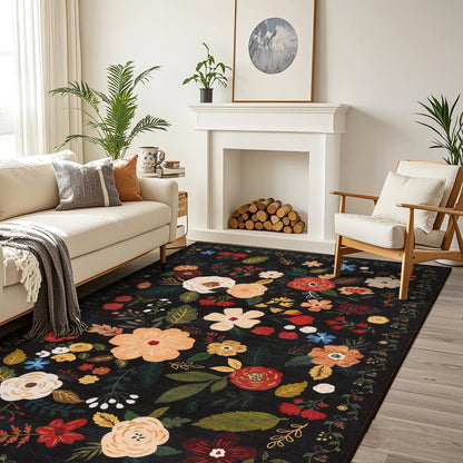 HEBE 5x7 ft Living Room Area Rug Machine Washable Boho Area Rug Non Slip Floral Vintage Low Pile Large Rug for Living Room, Bedroom, Farmhouse, Dining Room, Kids Playroom