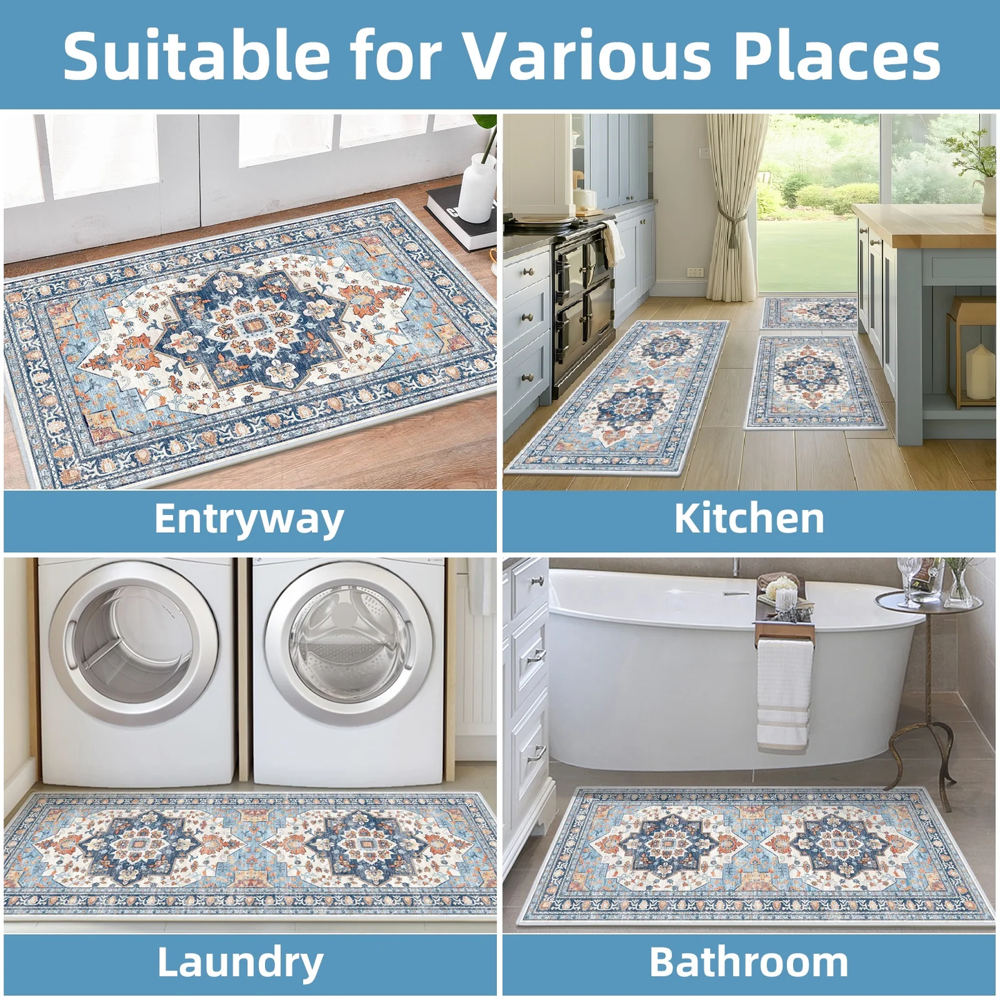 HEBE 3pcs Kitchen Rugs Set,Washable Boho Farmhouse Kitchen Mats