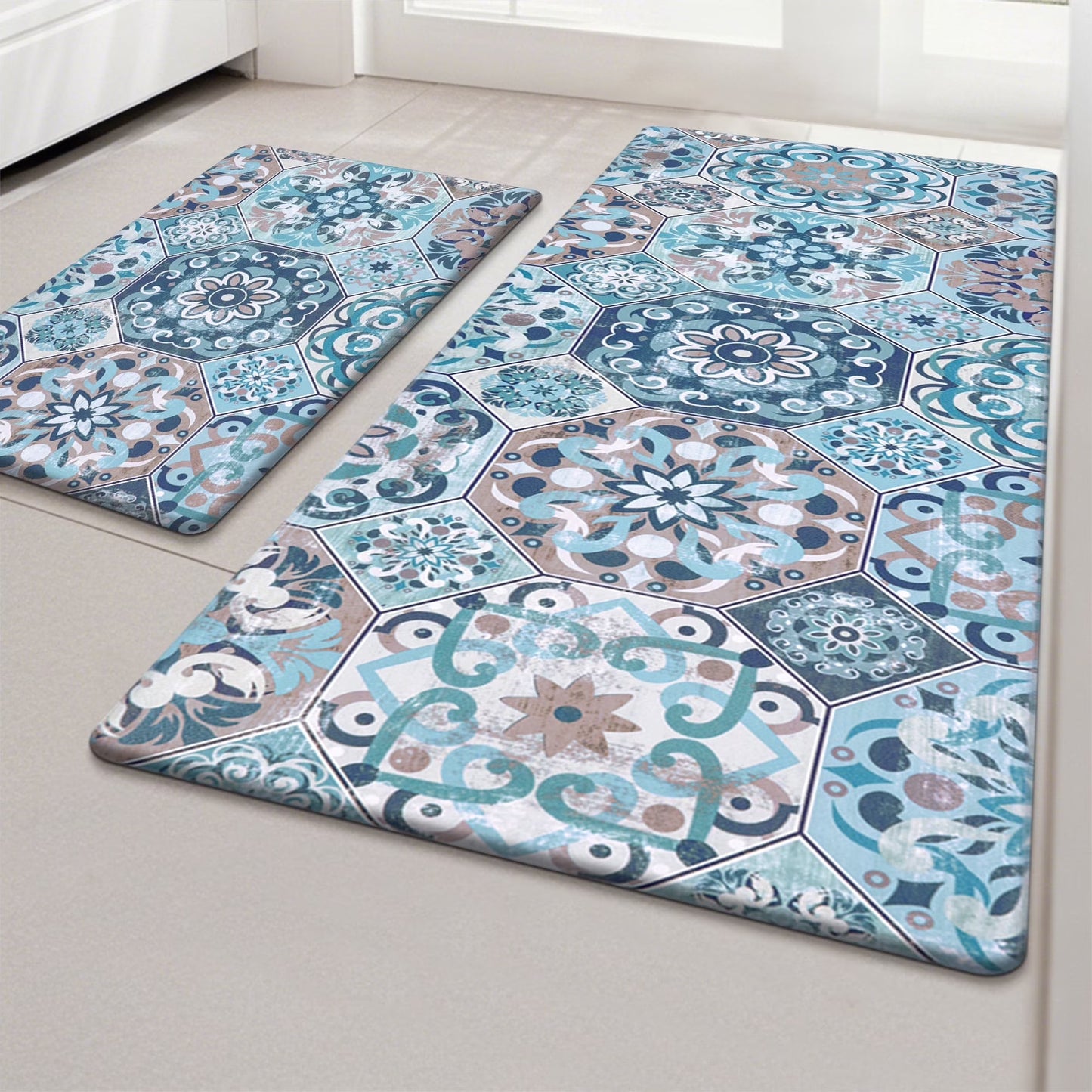 HEBE Boho Kitchen Rug Set of 2, Non-Slip Anti-Fatigue Waterproof Cushioned Mat for Kitchen, Dining & Laundry Room, 18"x30"+18"x48"