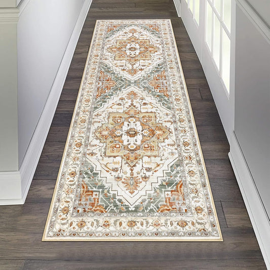 HEBE Hallway Runner Rug Long Washable Kitchen Rugs Runner, Farmhouse Vintage Medallion Area Rug Carpet, Soft Throw Rugs for Bedroom, Non Slip Floor Runner for Entryway Laundry