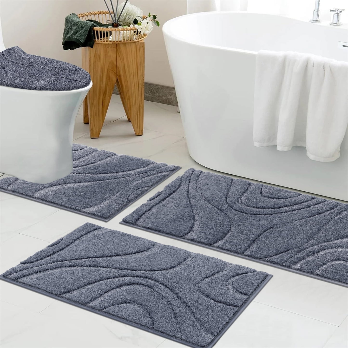 HEBE Bathroom Rugs Sets 4 Piece, Super Soft and Absorbent Non Slip Microfiber Toilet Bathroom Mats