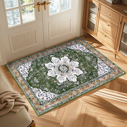 HEBE Bohemian Vintage Area Rug Machine Washable Low-Pile Accent Carpet, Non-Shedding Non-Slip Living Room Floor Throw Rugs for Bedroom,Dining Room,Kids Playroom,Rv,Office(Green)