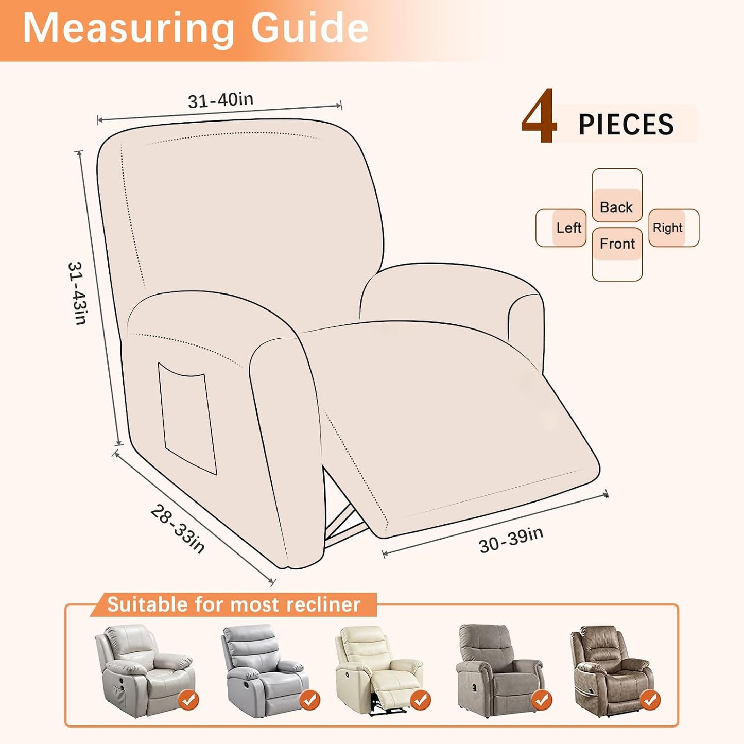 HEBE Recliner Couch Covers Washable Waterproof, Oversized Leather Like Stretch Recliner Sofa Slipcovers, Reclining Chair Cover Protector Stay in Place for Kids Pets