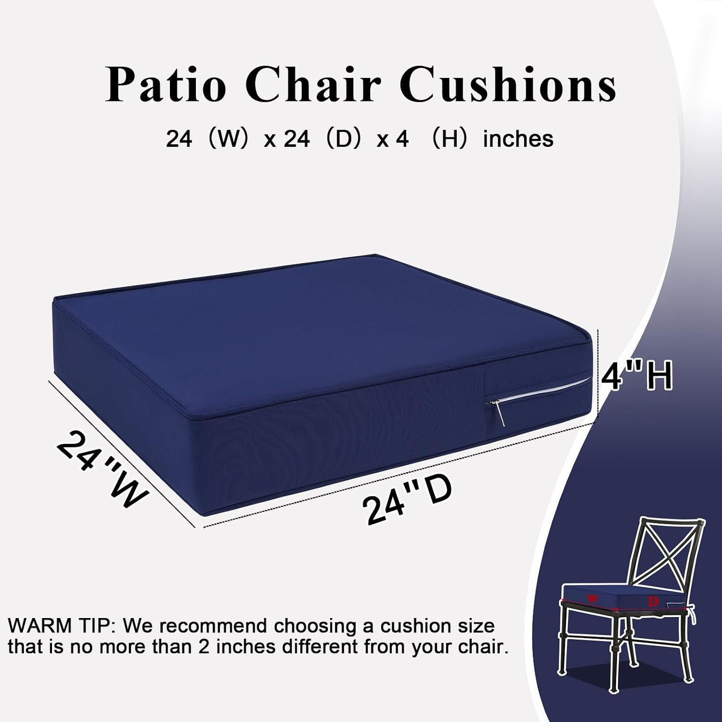 Outdoor Chair Cushions, Waterproof Blue Patio Furniture Cushions Set of 2 with Ties & Handle