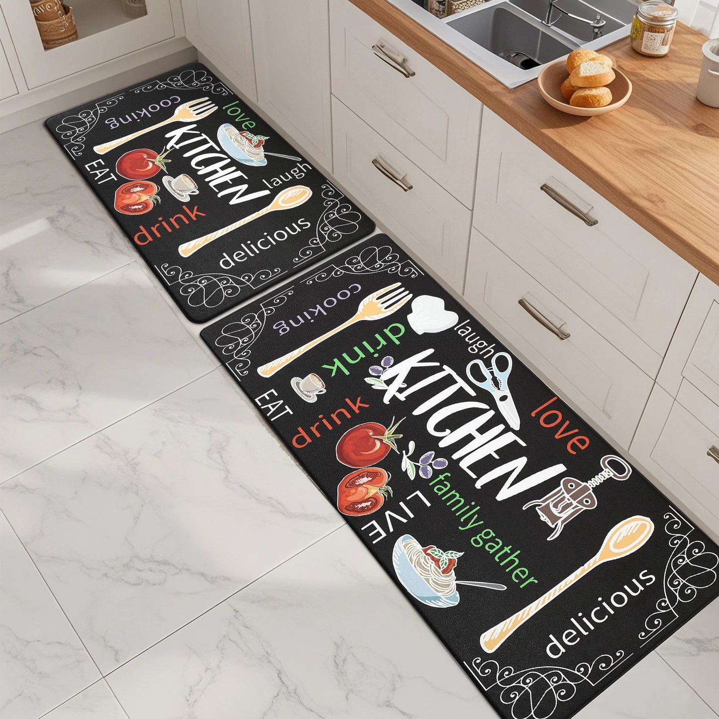 HEBE Farmhouse Kitchen Rug Set of 2, Non-Slip Anti-Fatigue Waterproof Cushioned Mat for Kitchen, Dining & Laundry Room, 18"x30"+18"x48"