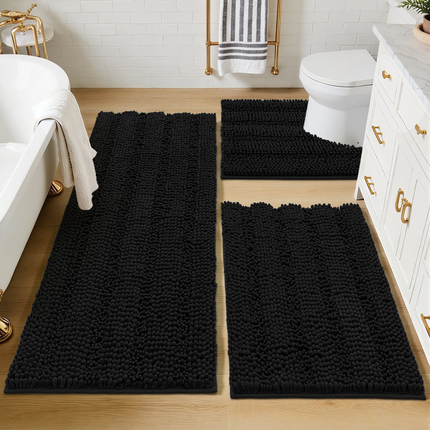 HEBE Ultra Soft Bathroom Rug Set 3 Pieces, Non Slip Thick Chenille Striped Bath Mat, Absorbent Plush Shaggy Bath Rugs for Bathroom