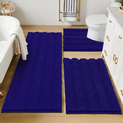 HEBE Ultra Soft Bathroom Rug Set 3 Pieces, Non Slip Thick Chenille Striped Bath Mat, Absorbent Plush Shaggy Bath Rugs for Bathroom