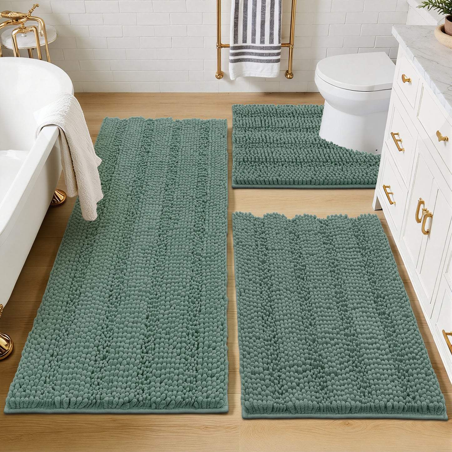 HEBE Ultra Soft Bathroom Rug Set 3 Pieces, Non Slip Thick Chenille Striped Bath Mat, Absorbent Plush Shaggy Bath Rugs for Bathroom