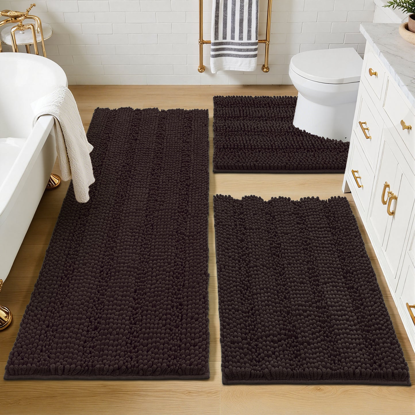 HEBE Ultra Soft Bathroom Rug Set 3 Pieces, Non Slip Thick Chenille Striped Bath Mat, Absorbent Plush Shaggy Bath Rugs for Bathroom
