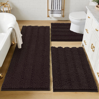 HEBE Ultra Soft Bathroom Rug Set 3 Pieces, Non Slip Thick Chenille Striped Bath Mat, Absorbent Plush Shaggy Bath Rugs for Bathroom