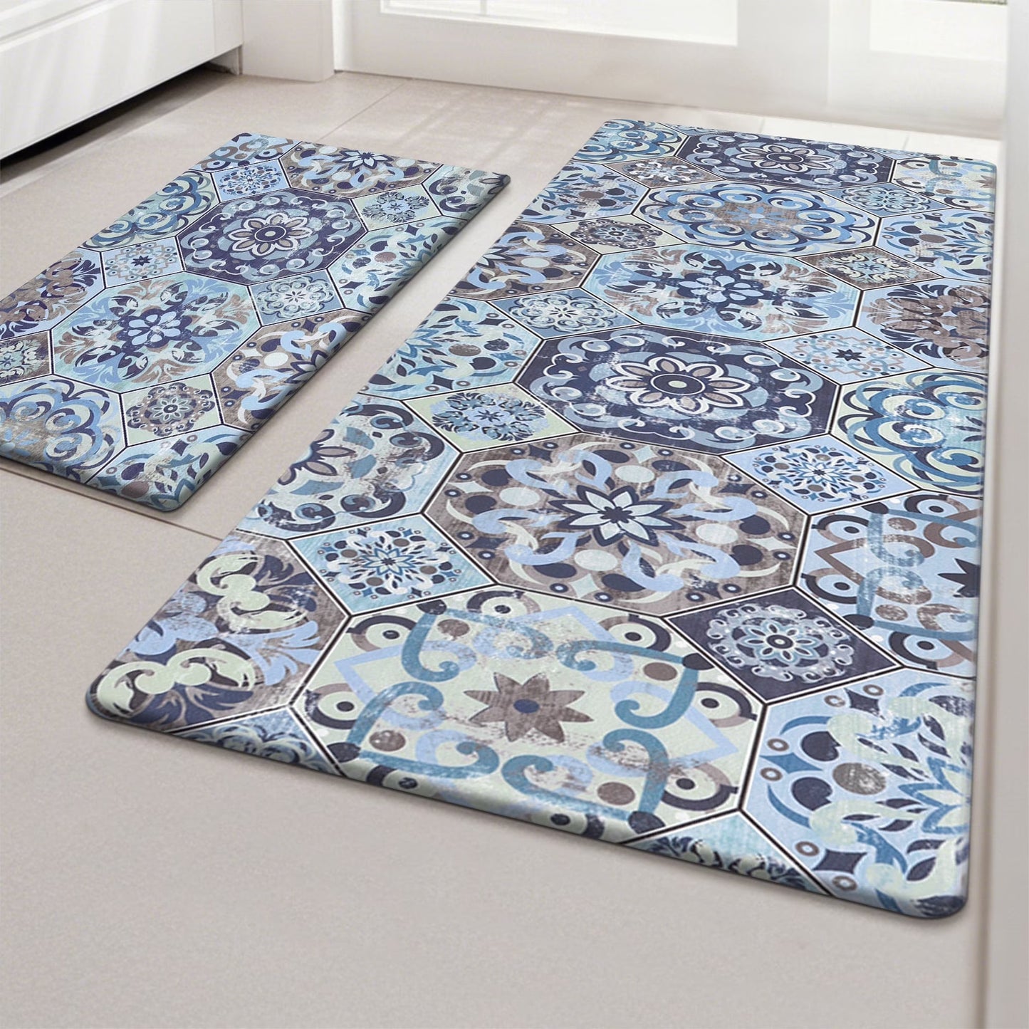 HEBE Boho Kitchen Rug Set of 2, Non-Slip Anti-Fatigue Waterproof Cushioned Mat for Kitchen, Dining & Laundry Room, 18"x30"+18"x48"