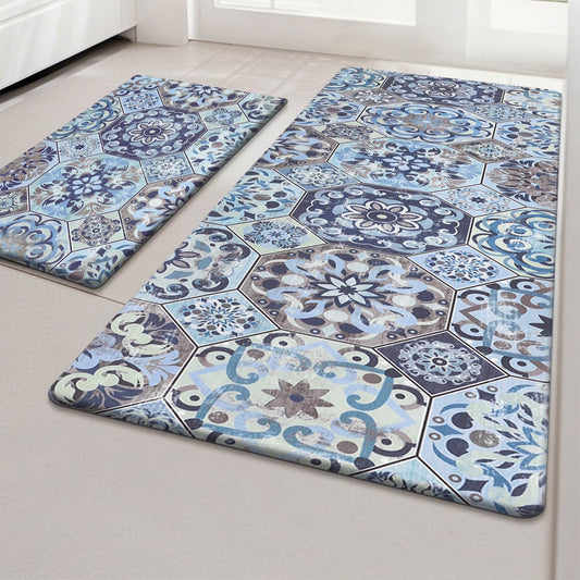 HEBE Boho Kitchen Rug Set of 2, Non-Slip Anti-Fatigue Waterproof Cushioned Mat for Kitchen, Dining & Laundry Room, 18"x30"+18"x48"