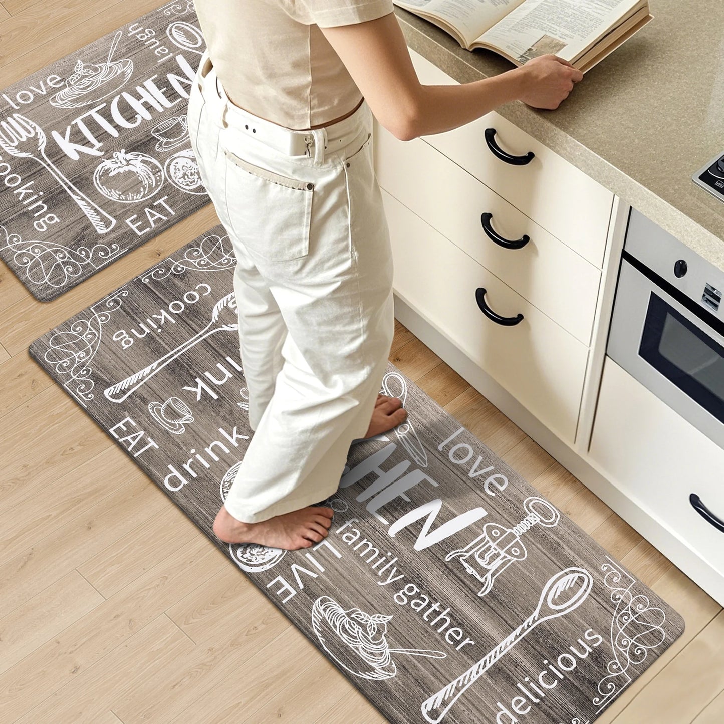 HEBE Farmhouse Kitchen Rug Set of 2, Non-Slip Anti-Fatigue Waterproof Cushioned Mat for Kitchen, Dining & Laundry Room, 18"x30"+18"x48"