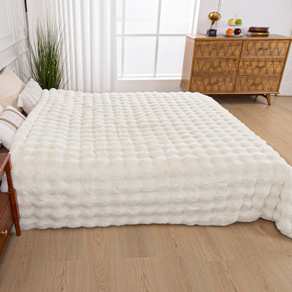 Fleece Throw Blanket for Couch - 550GSM Soft & Warm Fluffy Bubble Faux Rabbit Blanket, Decorative and Giftable Striped Blankets for Couch, Sofa, Bed
