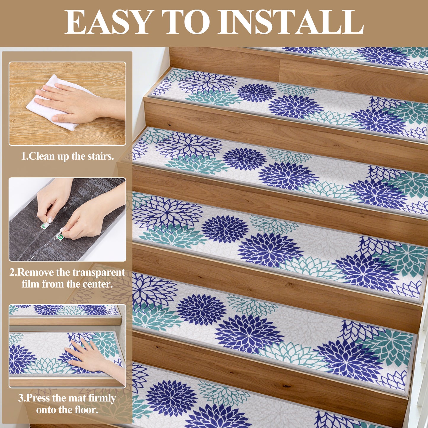 HEBE Stair Treads for Wooden Steps Indoor, 15 Pack 8" X 30" Stair Treads Non Slip with Reusable Adhesive Backing, Non-Skid Carpet Stair Runners for Kids Elders and Pets