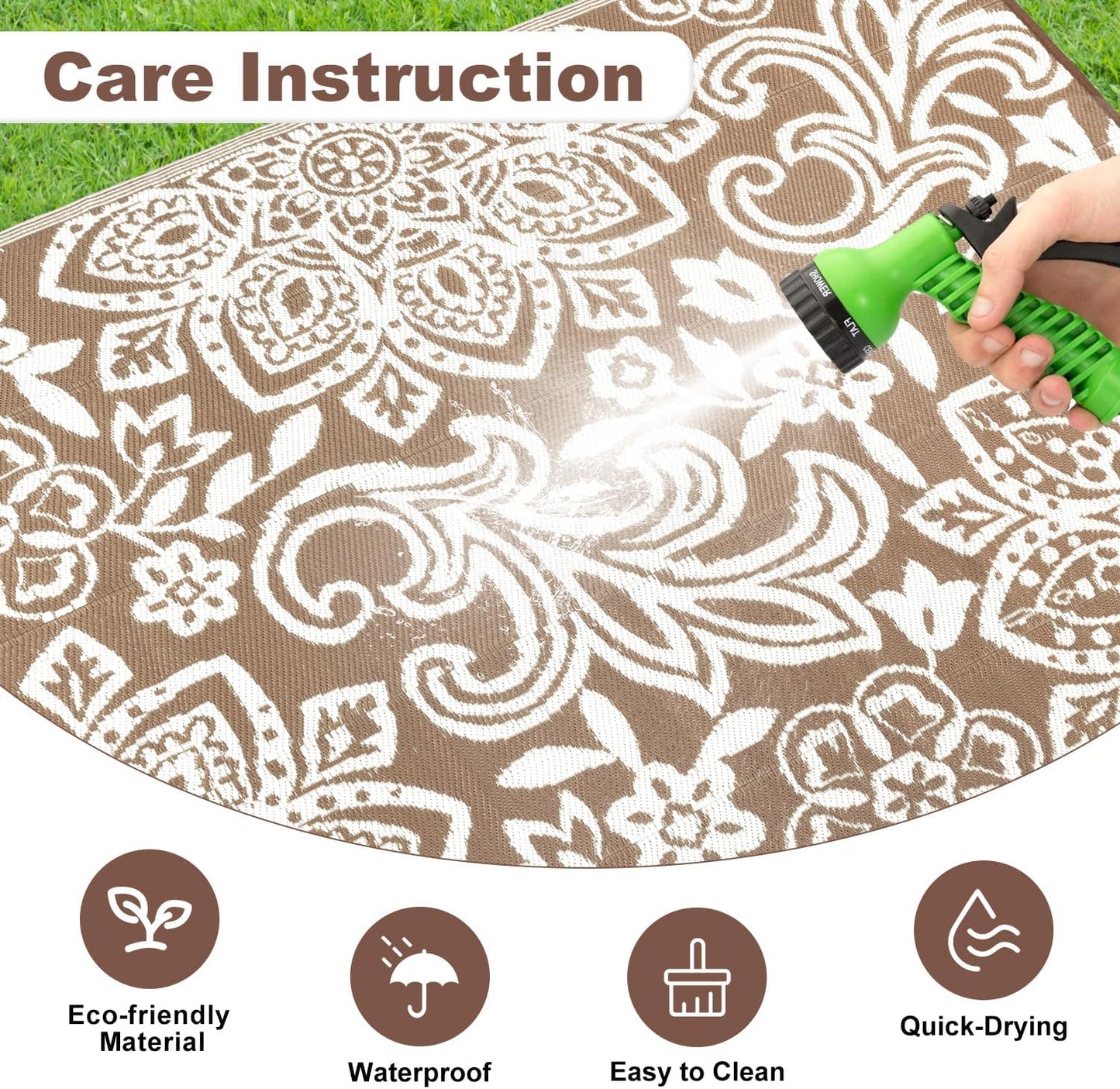Waterproof Outdoor Rug, Reversible Mandala Outdoor Plastic Straw Rug, Durable Foldable Patio Rug for RV, Deck, Balcony, Backyard, Picnic, Porch, Camping, Beach