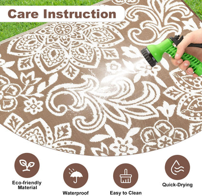 Waterproof Outdoor Rug, Reversible Mandala Outdoor Plastic Straw Rug, Durable Foldable Patio Rug for RV, Deck, Balcony, Backyard, Picnic, Porch, Camping, Beach