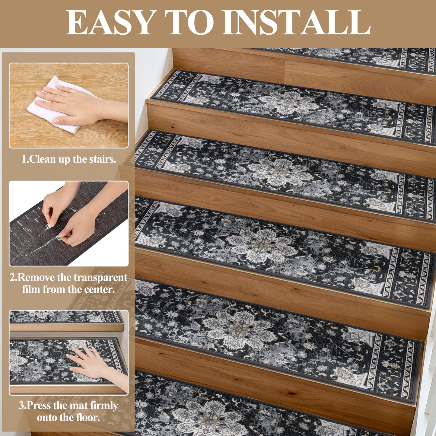 HEBE Carpet Stair Treads for Wooden Steps Indoor 15 Pack 8" X 30" Non Slip Self Adhesive Stairway Carpet Reusable Staircase Step Treads Edging Stair Rugs Runner for Kids and Pets