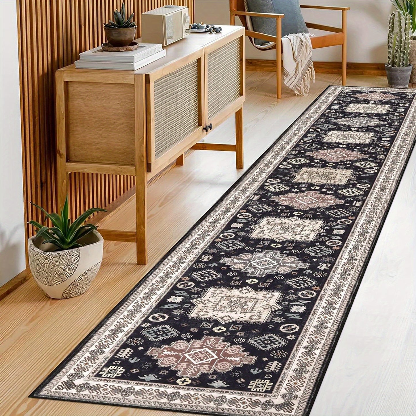 Runner Rug Non-Slip Washable Low-Pile Accent Rug, Vintage Distressed Throw Carpet,   Hallway Kitchen Mat Non-Shedding, Living Room Entryway Foyer Bedroom Area Rug