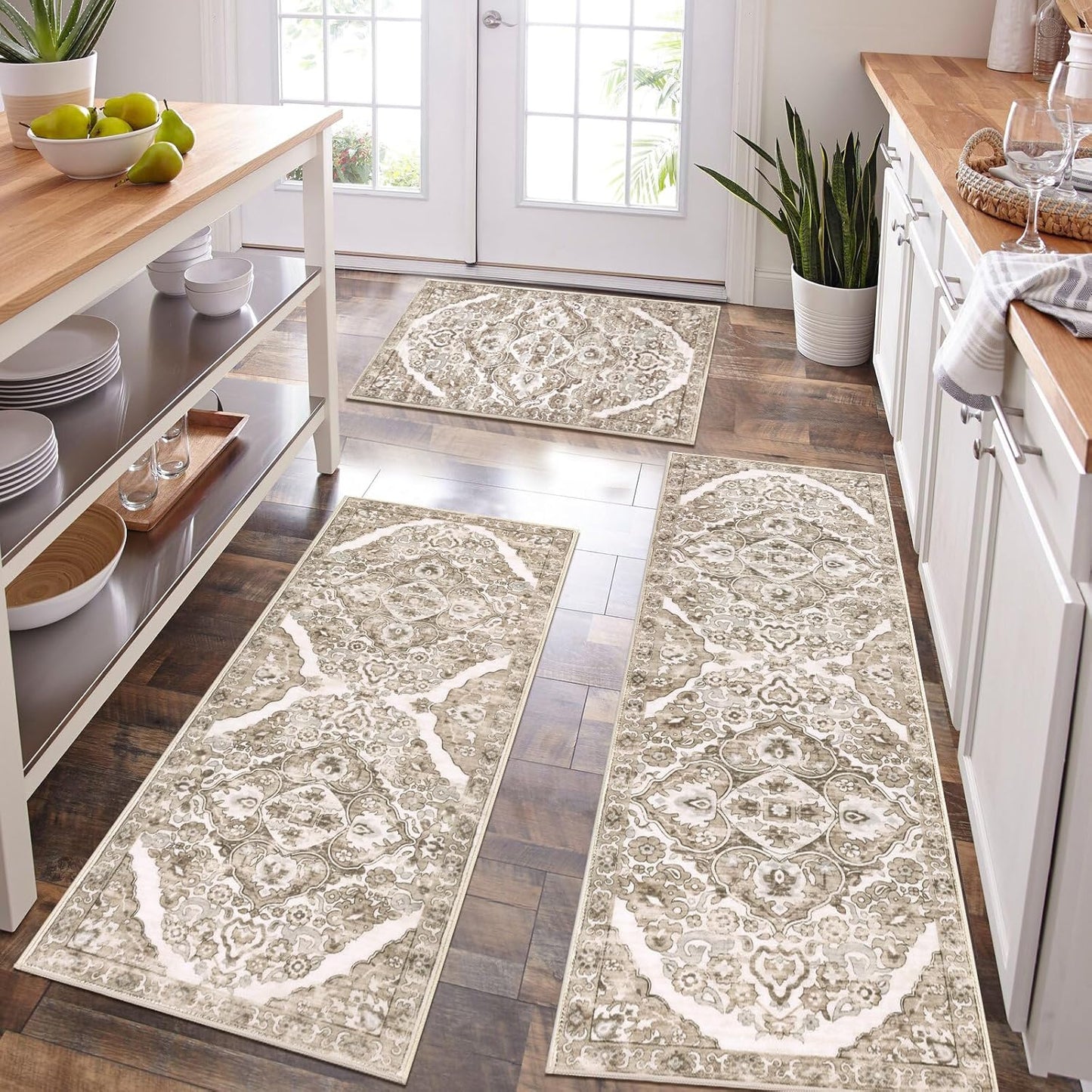 Farmhouse Kitchen Rugs Sets of 3 Non Slip Washable Boho Kitchen Rugs and Mats for Floor Kitchen Runner Rug Floor Carpet for Kitchen, Laundry, Hallways