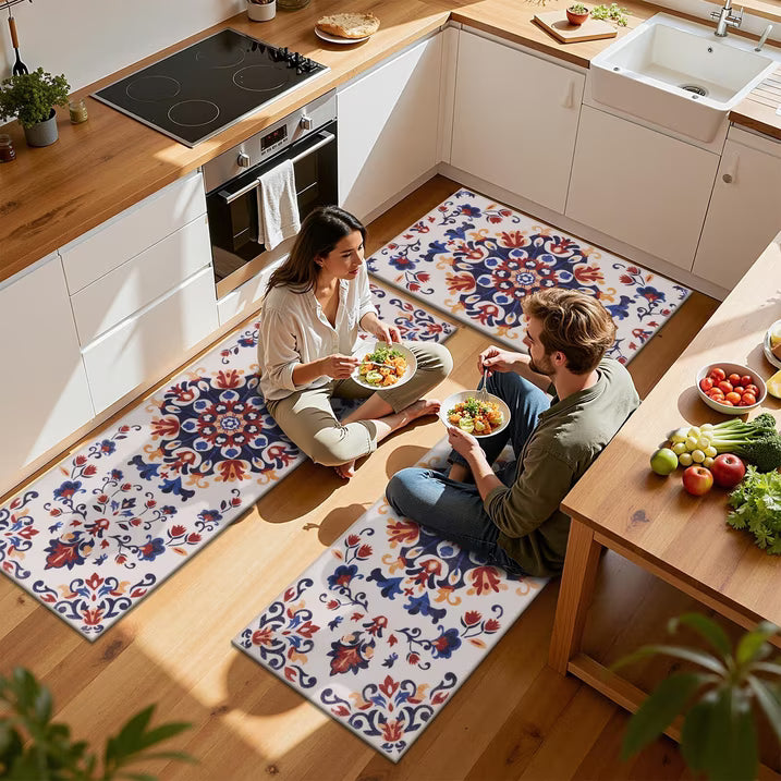 HEBE 3pcs Washable Kitchen Rug Set,Non-Slip Floral Boho Kitchen Mats Kitchen Runner Rug Floor Carpet 20"x32"+20"x48"+20"x59"