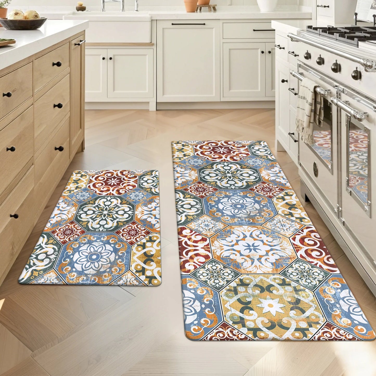 HEBE Boho Kitchen Rug Set of 2, Non-Slip Anti-Fatigue Waterproof Cushioned Mat for Kitchen, Dining & Laundry Room, 18"x30"+18"x48"