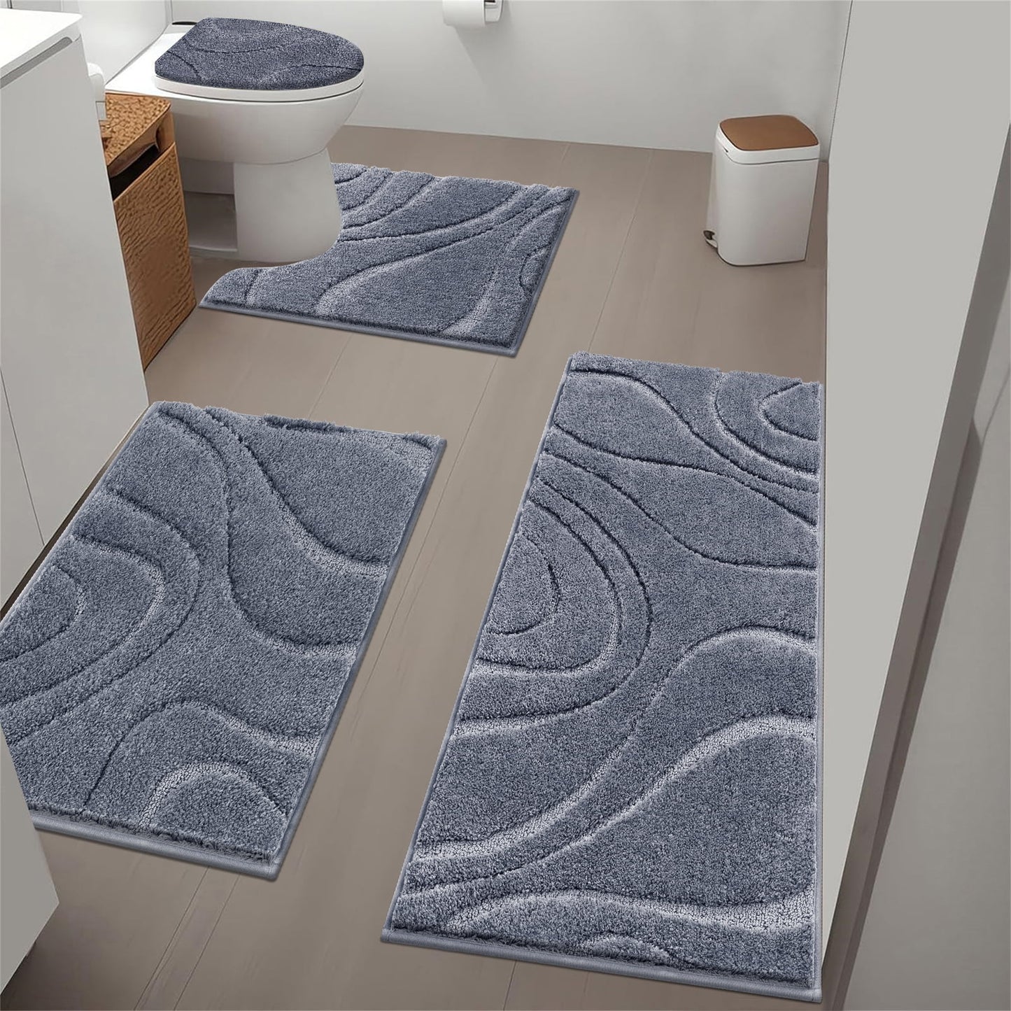 HEBE Bathroom Rugs Sets 4 Piece, Super Soft and Absorbent Non Slip Microfiber Toilet Bathroom Mats