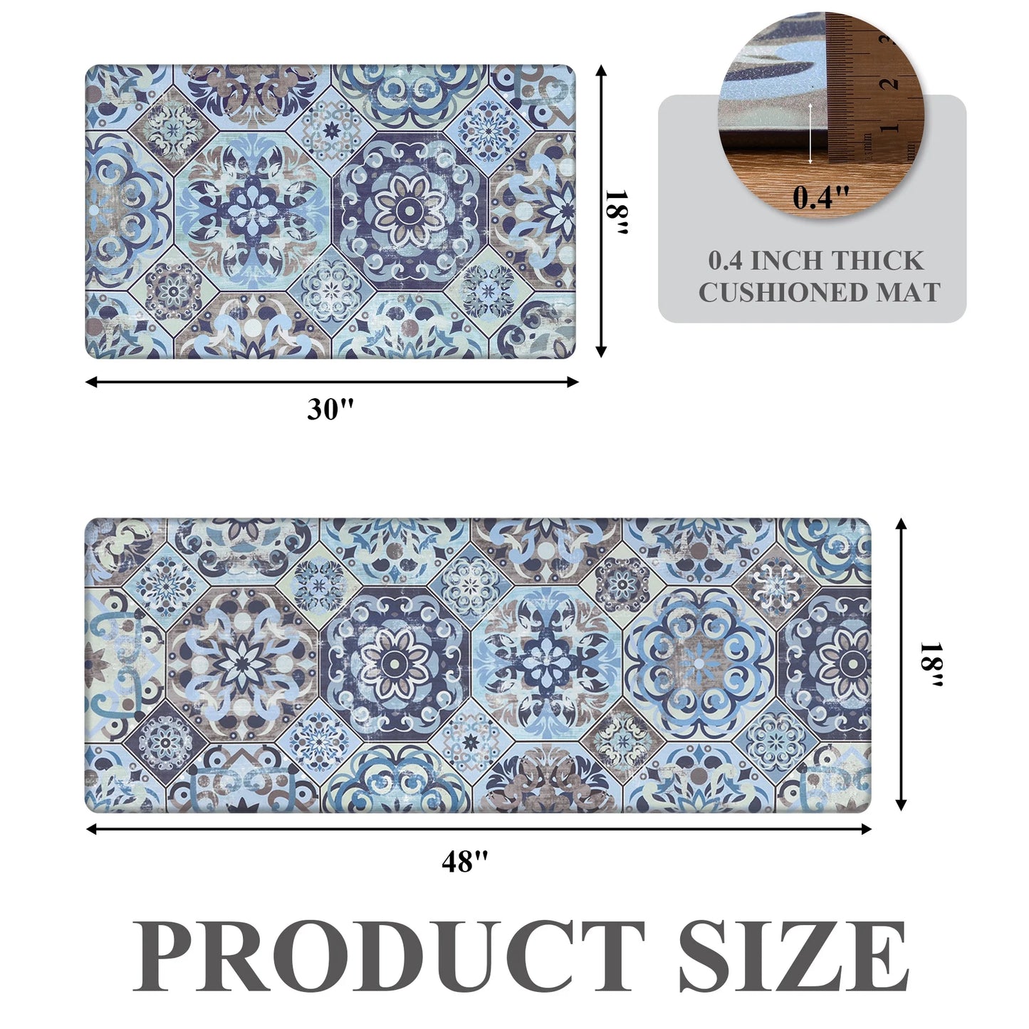 HEBE Boho Kitchen Rug Set of 2, Non-Slip Anti-Fatigue Waterproof Cushioned Mat for Kitchen, Dining & Laundry Room, 18"x30"+18"x48"