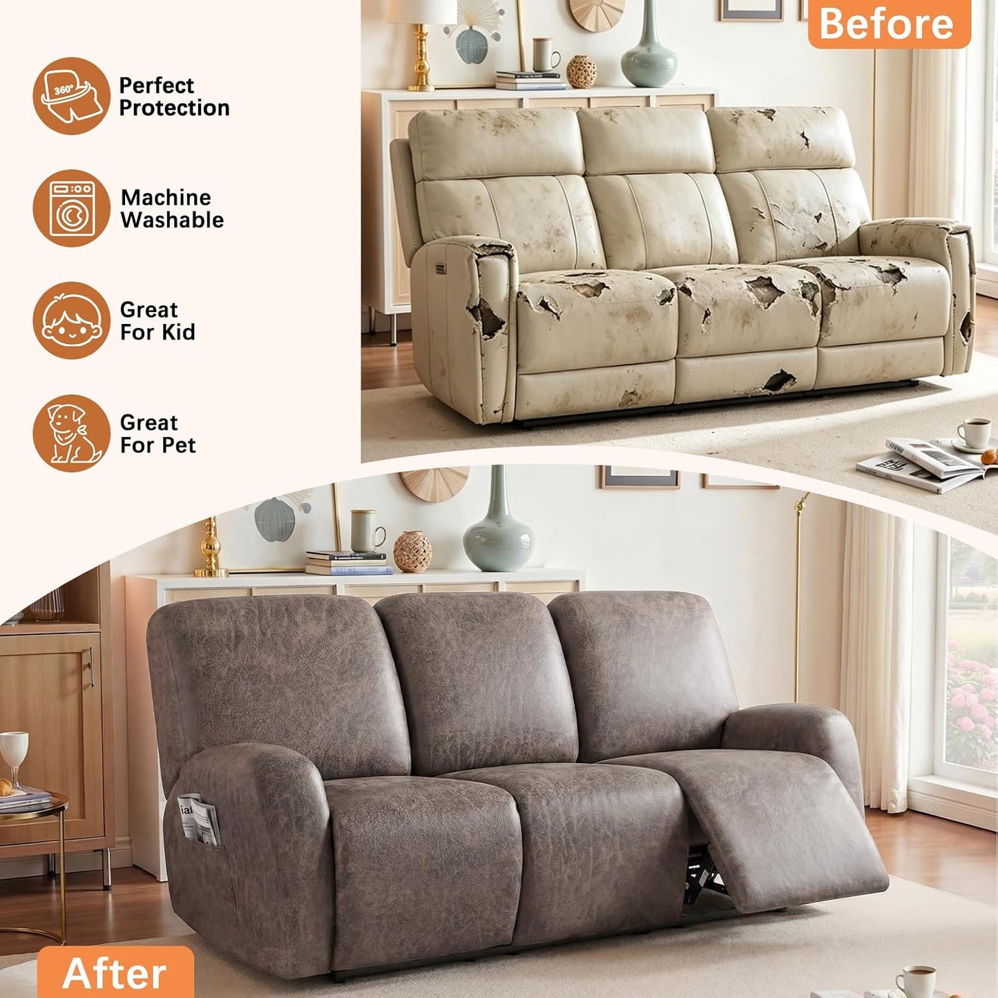 HEBE Recliner Couch Covers Washable Waterproof, Oversized Leather Like Stretch Recliner Sofa Slipcovers, Reclining Chair Cover Protector Stay in Place for Kids Pets