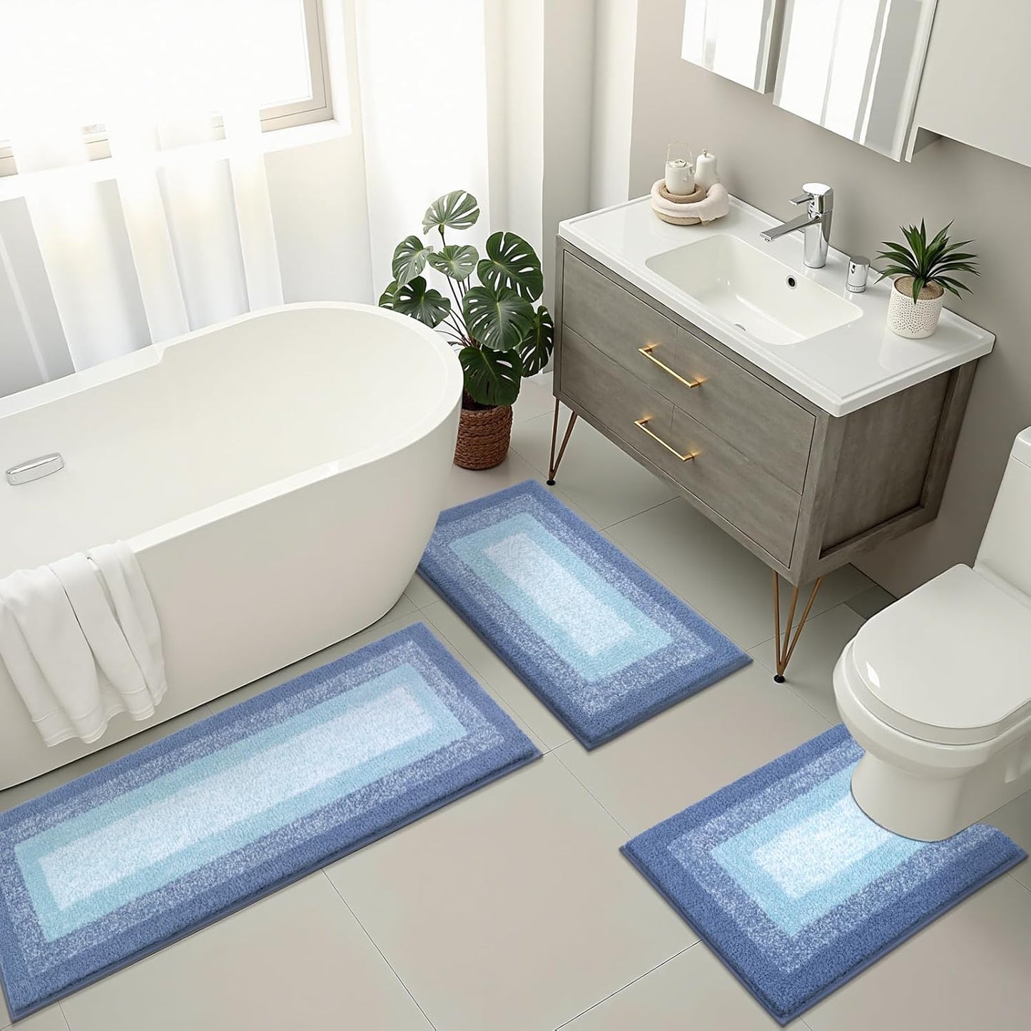 HEBE Microfiber Bathroom Rugs Sets 3 Piece, Non Slip Bath Rugs for Bathroom, Absorbent Plush Shaggy Bath Mat with U-Shaped Contour Toilet Mat Machine Washable