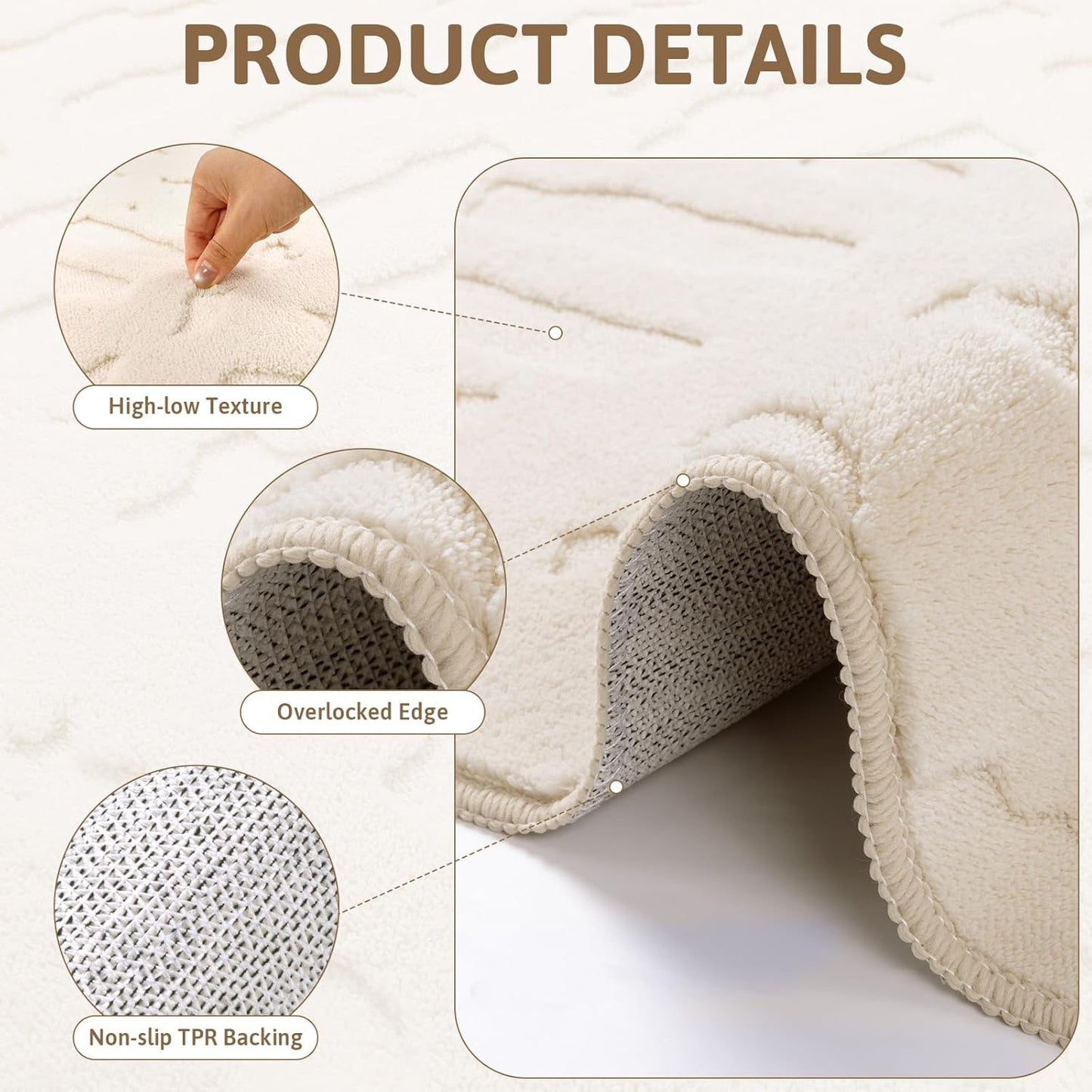 Washable Area Rug, High-Low Grid Textured Living Room Rugs