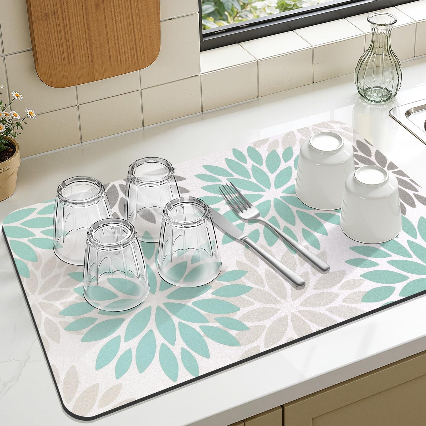 HEBE Floral Dish Drying Mat, Super Absorbent & Hide Stain Coffee Mat
