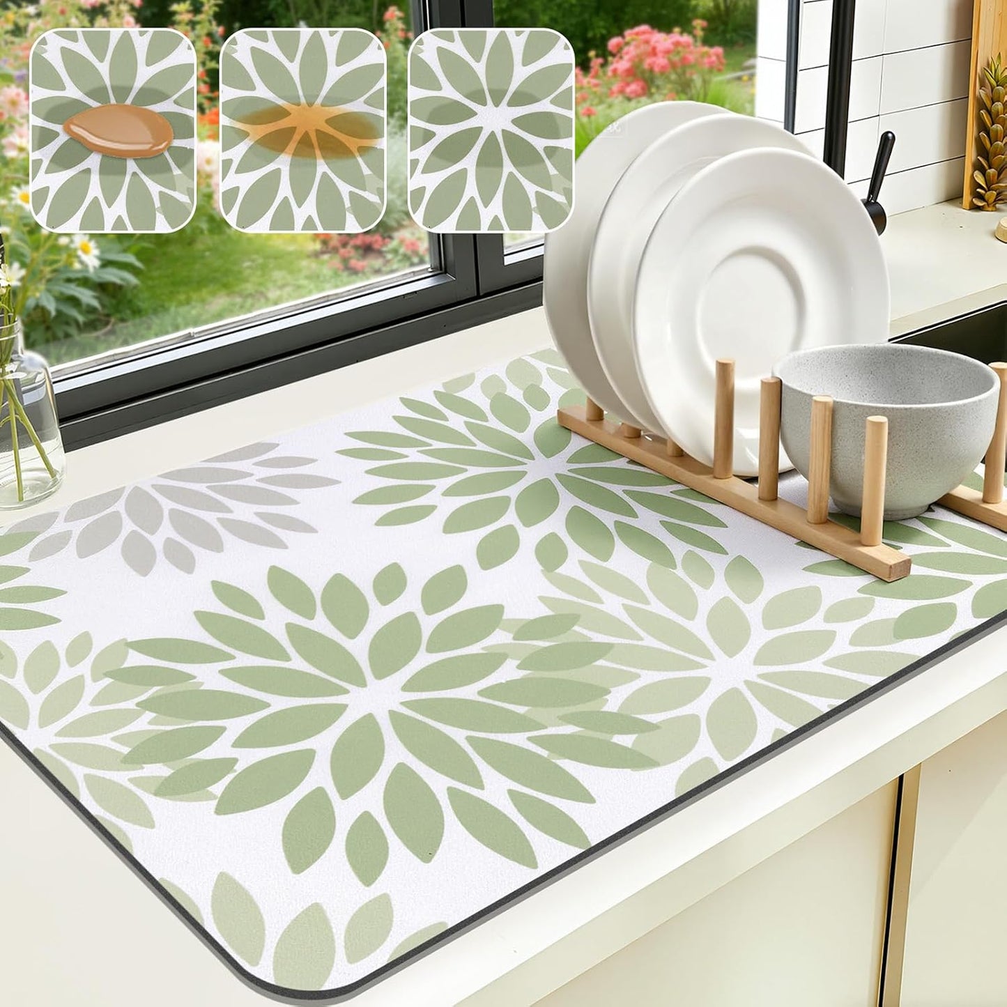 HEBE Floral Dish Drying Mat, Super Absorbent & Hide Stain Coffee Mat
