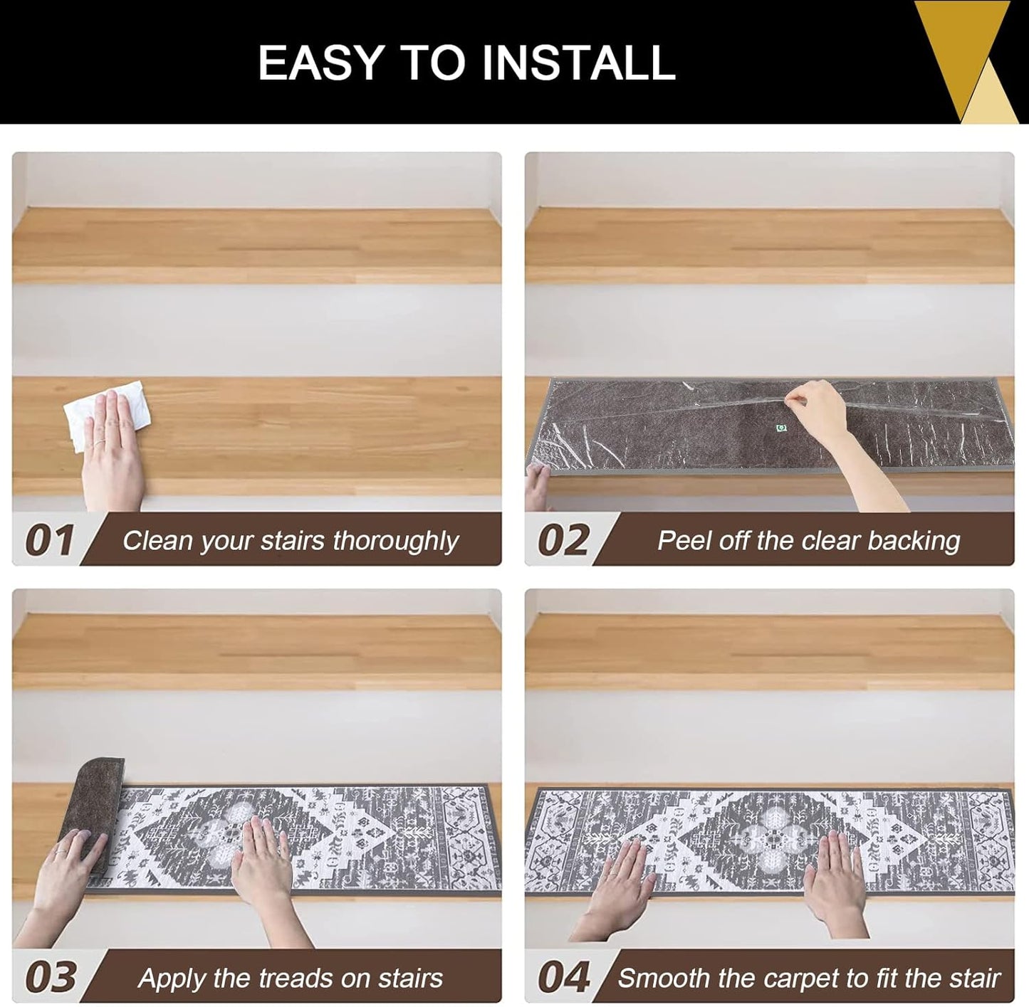 HEBE Carpet Stair Treads for Wooden Steps Indoor 15 Pack 8" X 30" Non Slip Self Adhesive Stairway Carpet Reusable Staircase Step Treads Edging Stair Rugs Runner for Kids and Pets