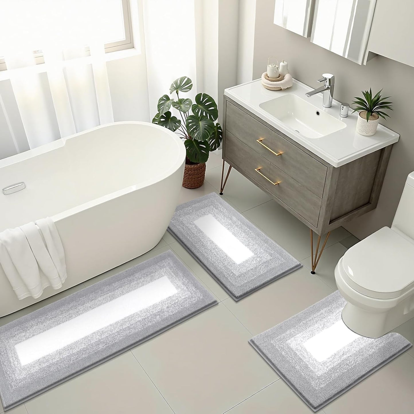 HEBE Microfiber Bathroom Rugs Sets 3 Piece, Non Slip Bath Rugs for Bathroom, Absorbent Plush Shaggy Bath Mat with U-Shaped Contour Toilet Mat Machine Washable